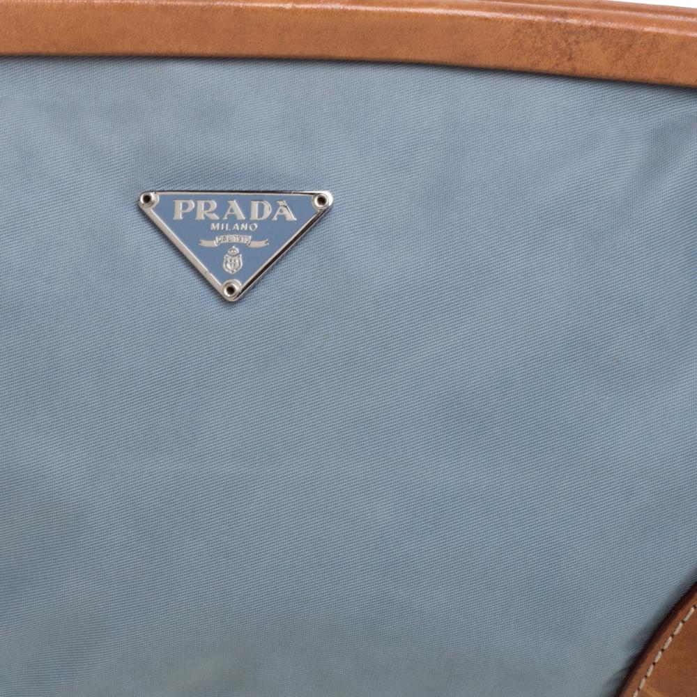 Prada Blue/Brown Nylon and Leather Frame Pochette Bag 2