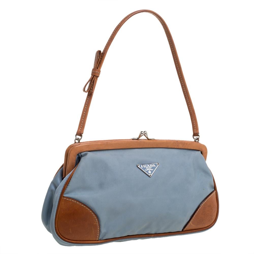 Prada Blue/Brown Nylon and Leather Frame Pochette Bag at 1stDibs