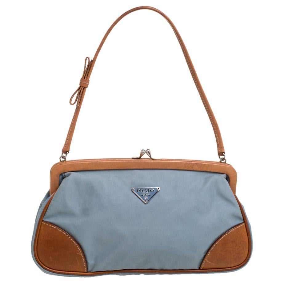 Prada Blue/Brown Nylon and Leather Frame Pochette Bag