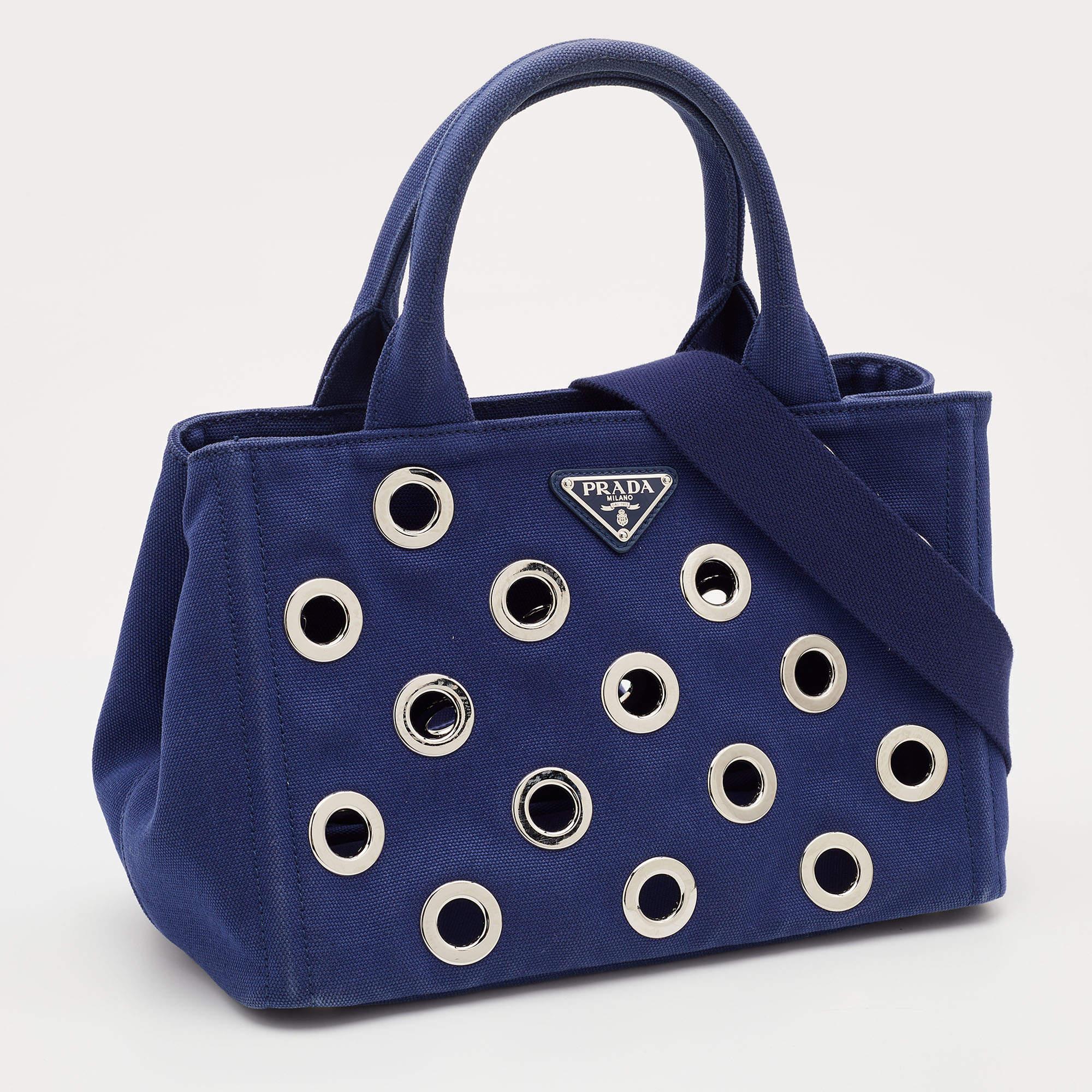 Women's Prada Blue Canvas Canapa Grommet Tote