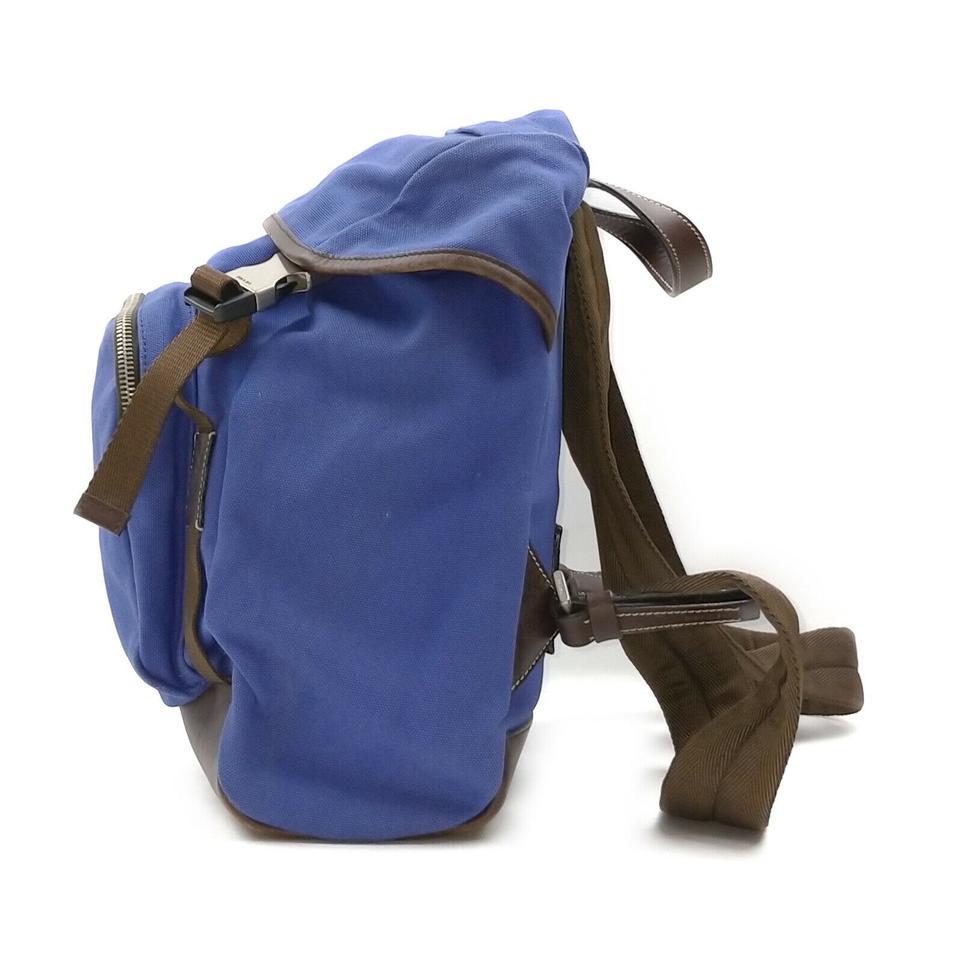 Prada Blue Canvas x Brown Leather Tessuto Backpack 863430 In Good Condition In Dix hills, NY