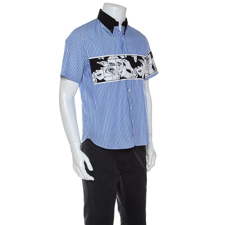 Prada Blue Comic Print Striped Cotton Short Sleeve Shirt M at 1stDibs