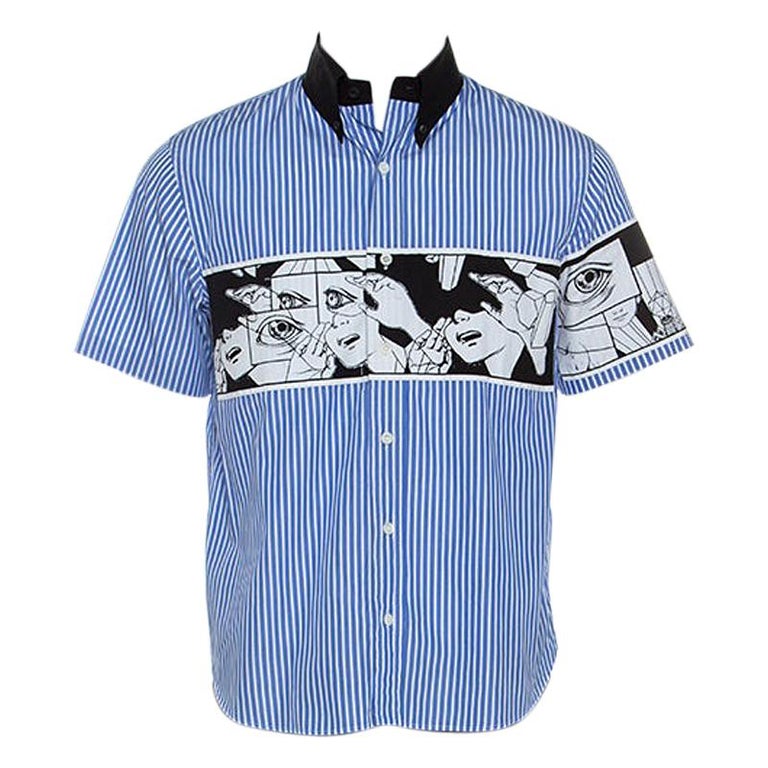 Prada Blue Comic Print Striped Cotton Short Sleeve Shirt M at 1stDibs