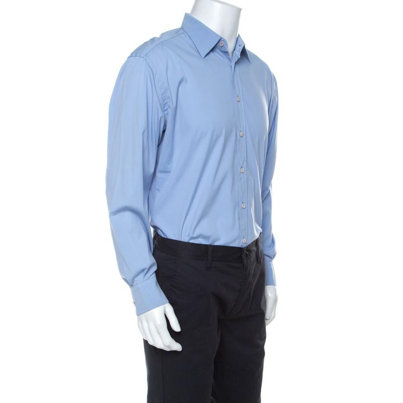 Prada Blue Cotton Blend Full Sleeve Shirt M In Good Condition In Dubai, Al Qouz 2
