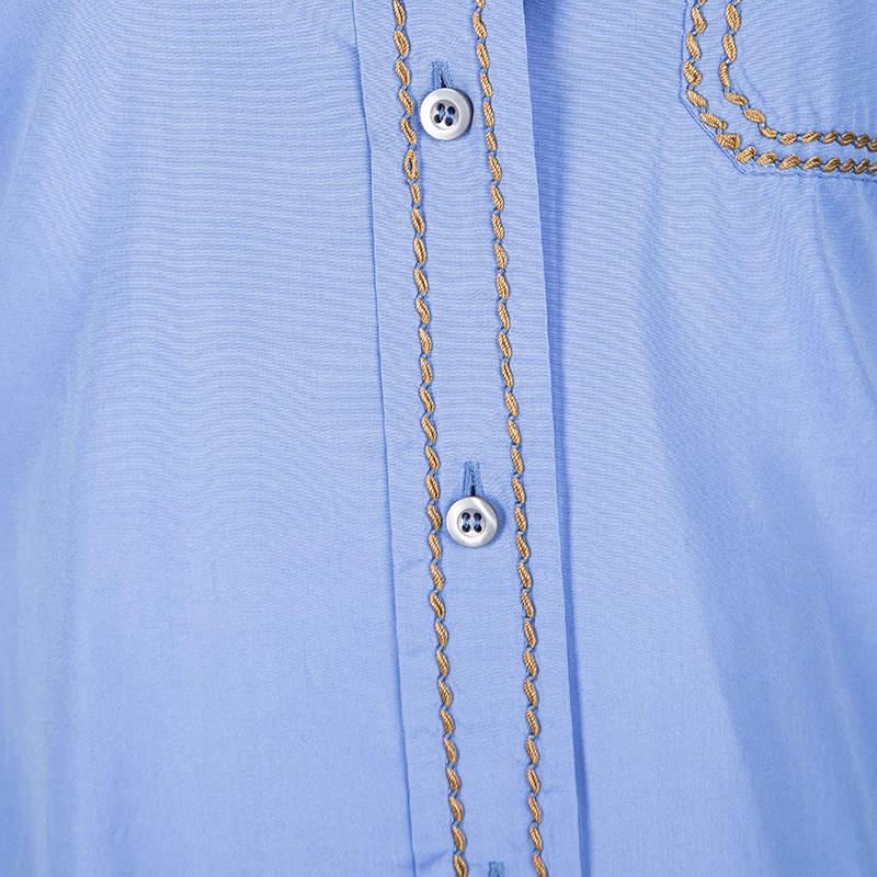 Women's Prada Blue Cotton Contrast Embroidered Long Sleeve Button Front Shirt S