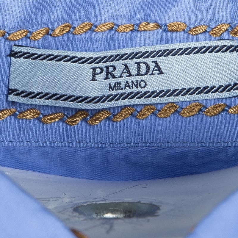 Prada Blue Cotton Contrast Embroidered Long Sleeve Button Front Shirt S 1