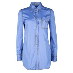 Prada Blue Cotton Contrast Embroidered Long Sleeve Button Front Shirt S