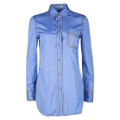 Prada Blue Cotton Contrast Embroidered Long Sleeve Button Front Shirt S