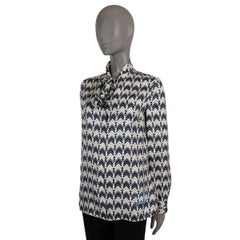 PRADA blue & cream silk 2020 CHEVRON PUSSY-BOW Blouse Shirt 40 S