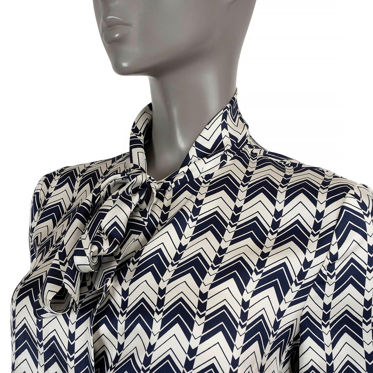 PRADA blue & cream silk 2020 CHEVRON PUSSY-BOW Blouse Shirt 40 S For Sale 2