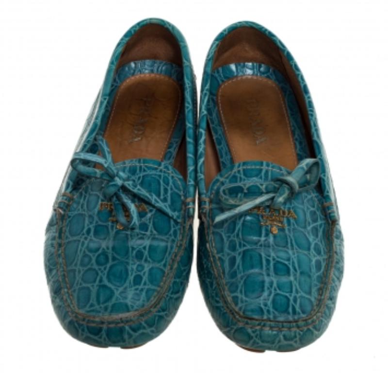 Women's Prada Blue Crocodile Leather Bow Slip On Loafers 39 For Sale