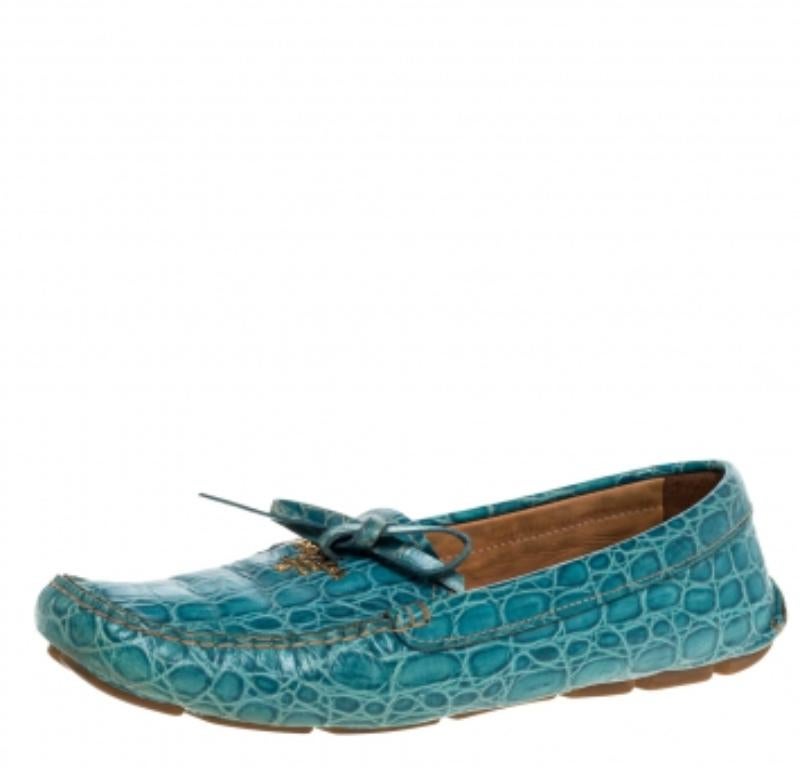 Prada Blue Crocodile Leather Bow Slip On Loafers 39 For Sale 1