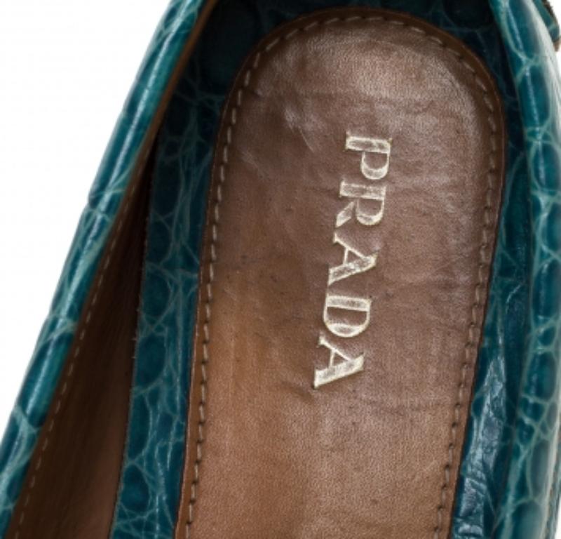 Prada Blue Crocodile Leather Bow Slip On Loafers 39 For Sale 2