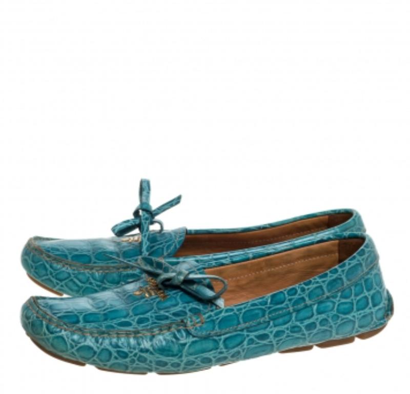 Prada Blue Crocodile Leather Bow Slip On Loafers 39 For Sale 3