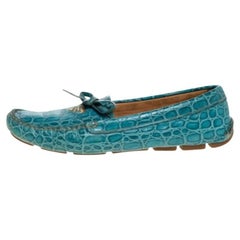 Prada Blue Crocodile Leather Bow Slip On Loafers 39