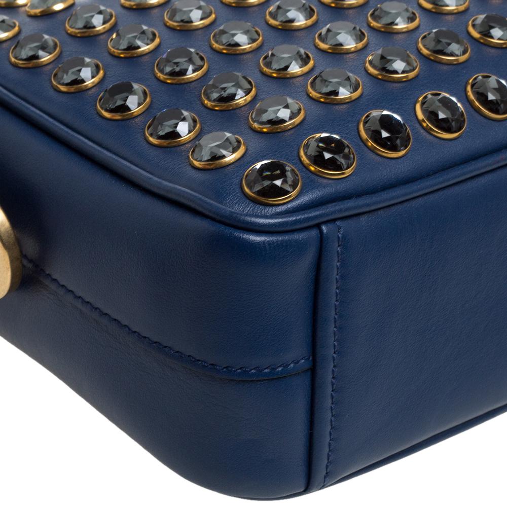 Prada Blue Crystal Embellished Leather Camera Shoulder Bag In Excellent Condition In Dubai, Al Qouz 2