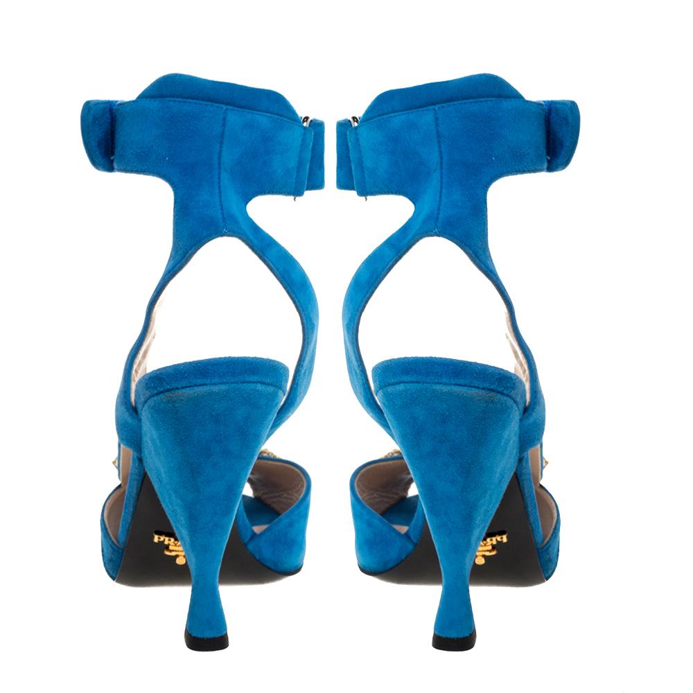 Prada Blue Crystal Embellished Suede Leather Ankle Cuff Sandals Size 38.5 In Good Condition In Dubai, Al Qouz 2
