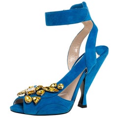 Prada Blue Crystal Embellished Suede Leather Ankle Cuff Sandals Size 38.5