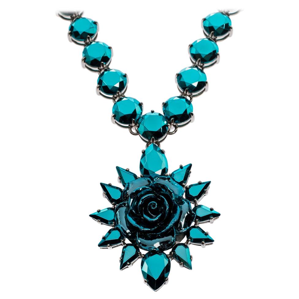 Prada Blue Crystal Silver Tone Rose Pendant Statement Necklace