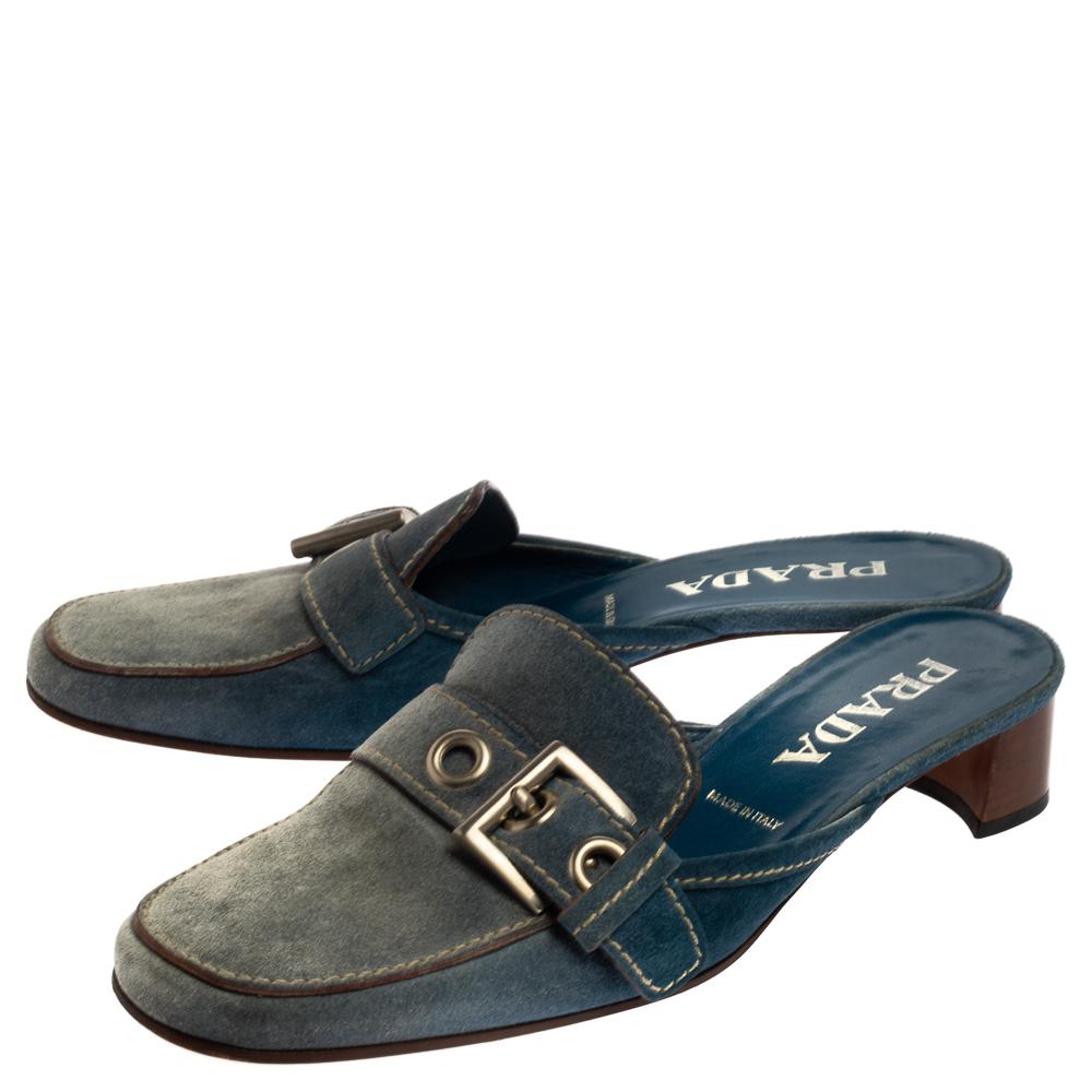 Black Prada Blue Denim Buckle Mule Sandals Size 38.5 For Sale