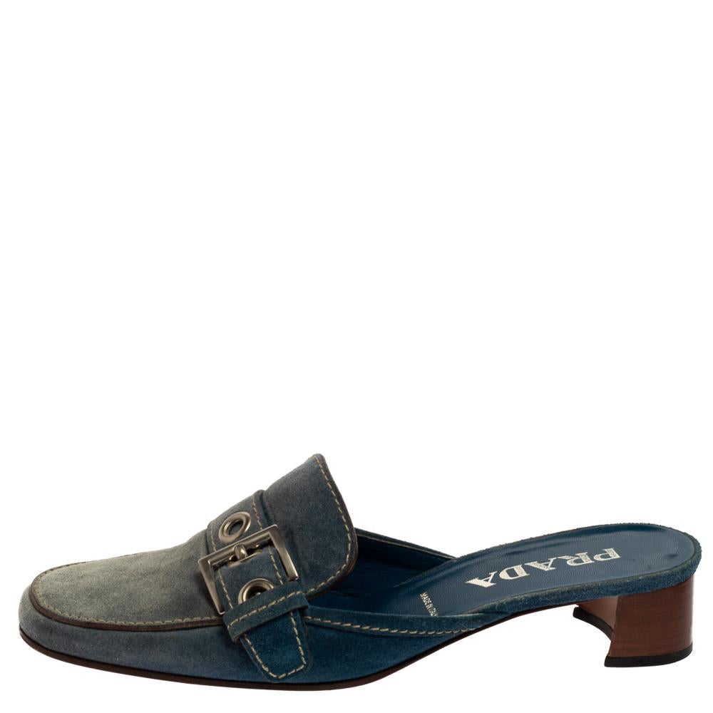 Prada Blue Denim Buckle Mule Sandals Size 38.5 In Good Condition For Sale In Dubai, Al Qouz 2