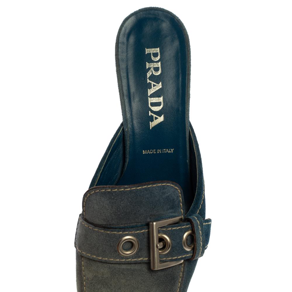 Women's Prada Blue Denim Buckle Mule Sandals Size 38.5 For Sale