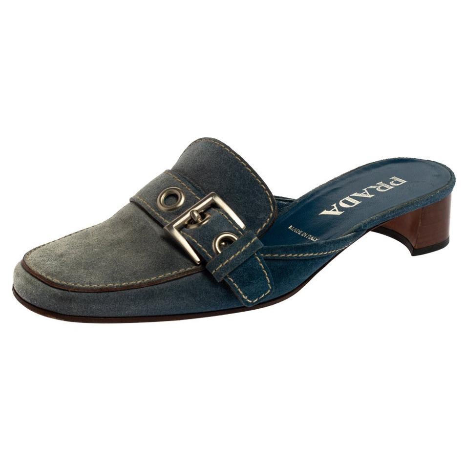 Prada Blue Denim Buckle Mule Sandals Size 38.5 For Sale