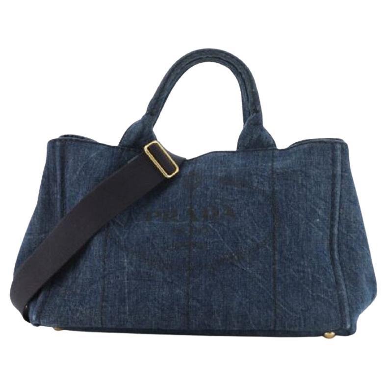 Prada Blue Denim Canapa Convertible Medium Tote Bag For Sale