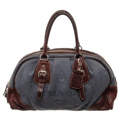 Prada Blue Denim Leather Bowler Shoulder Bag with patent bowler, gold-tone