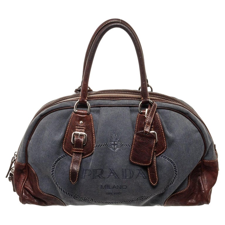 Prada Blue Denim Leather Bowler Shoulder Bag with patent bowler, gold