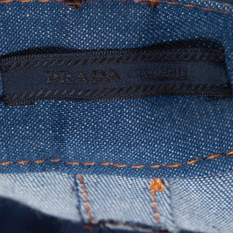 Prada Blue Denim Leather Trim Straight Leg Jeans S For Sale at 1stDibs