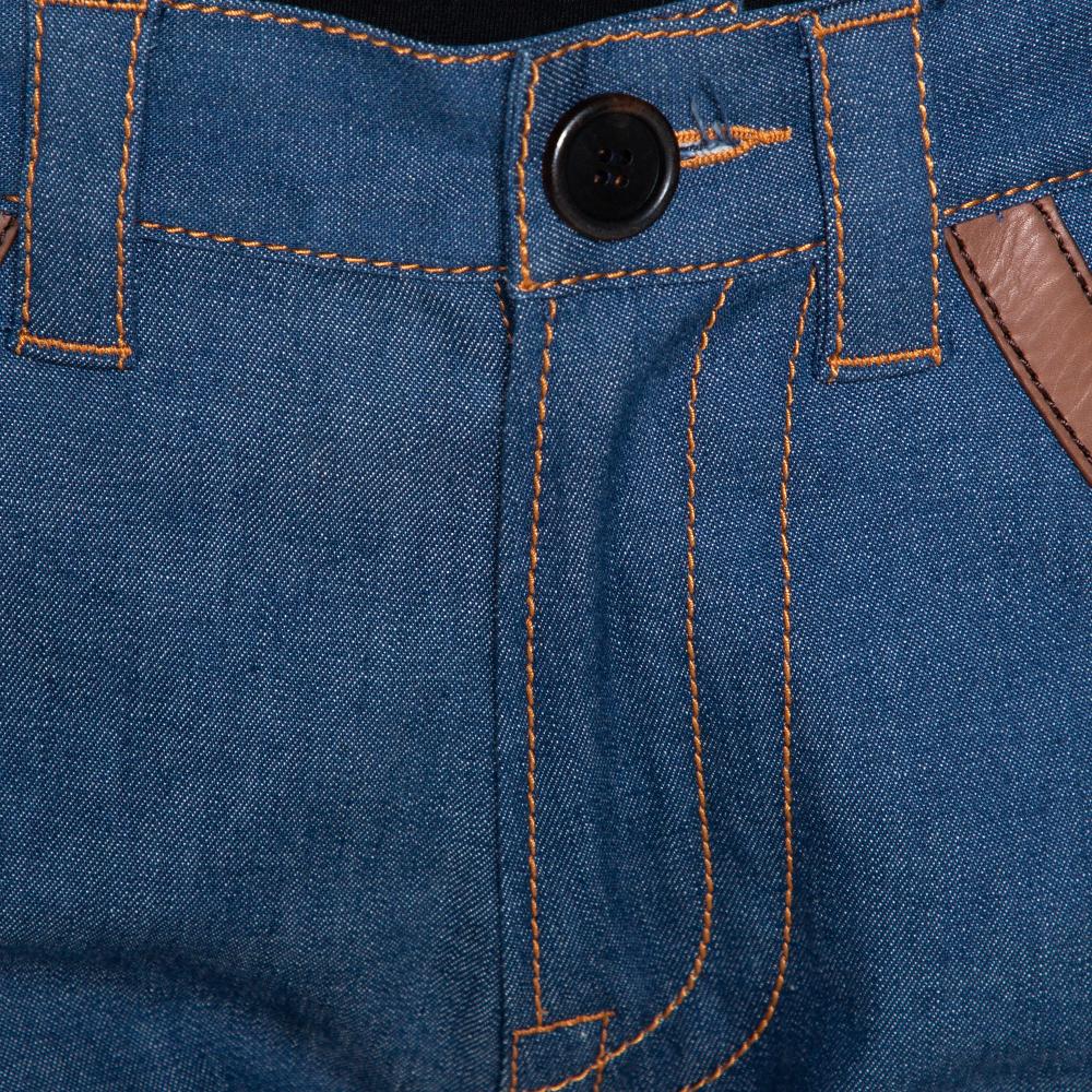 Prada Blue Denim Leather Trim Straight Leg Jeans S In Good Condition In Dubai, Al Qouz 2