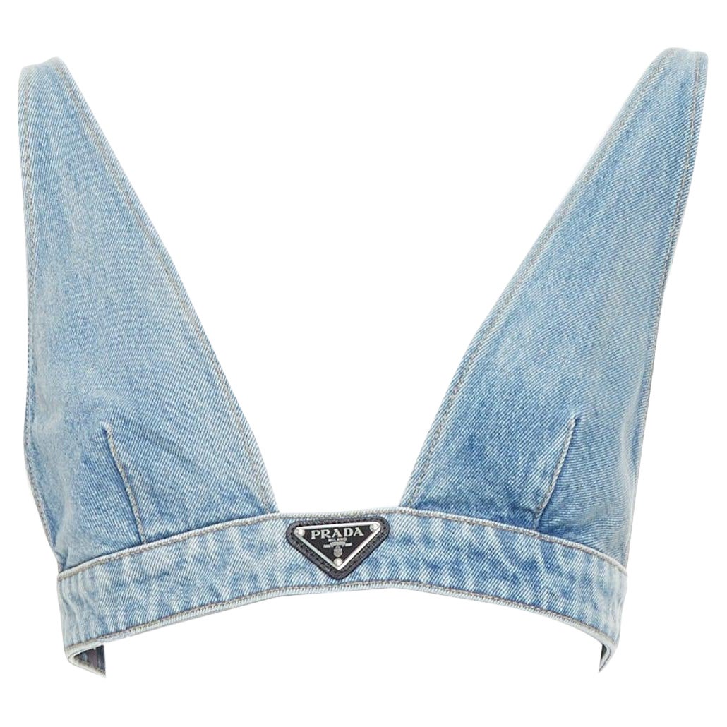 PRADA top con reggiseno a triangolo in denim blu con logo e sigillo IT40 S