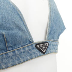 PRADA blue denim triangle logo seal plaque bra top IT42 M