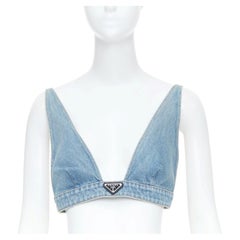 PRADA blue denim triangle logo seal plaque bra top IT42 M
