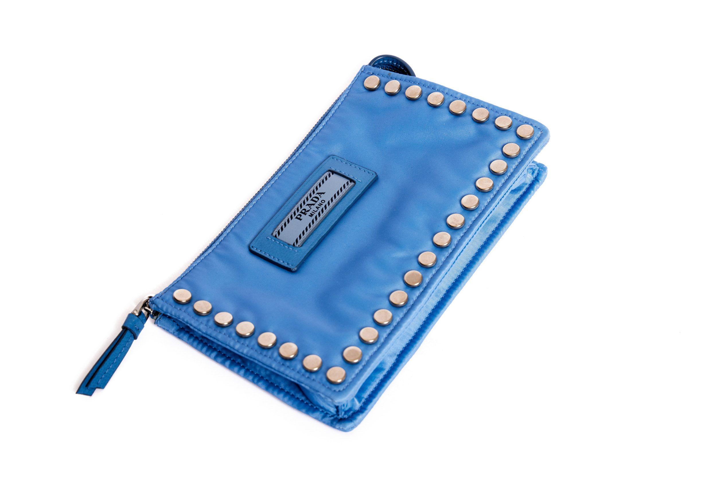 Prada Blue Fabric Metal Studded Pouch In Excellent Condition For Sale In West Hollywood, CA