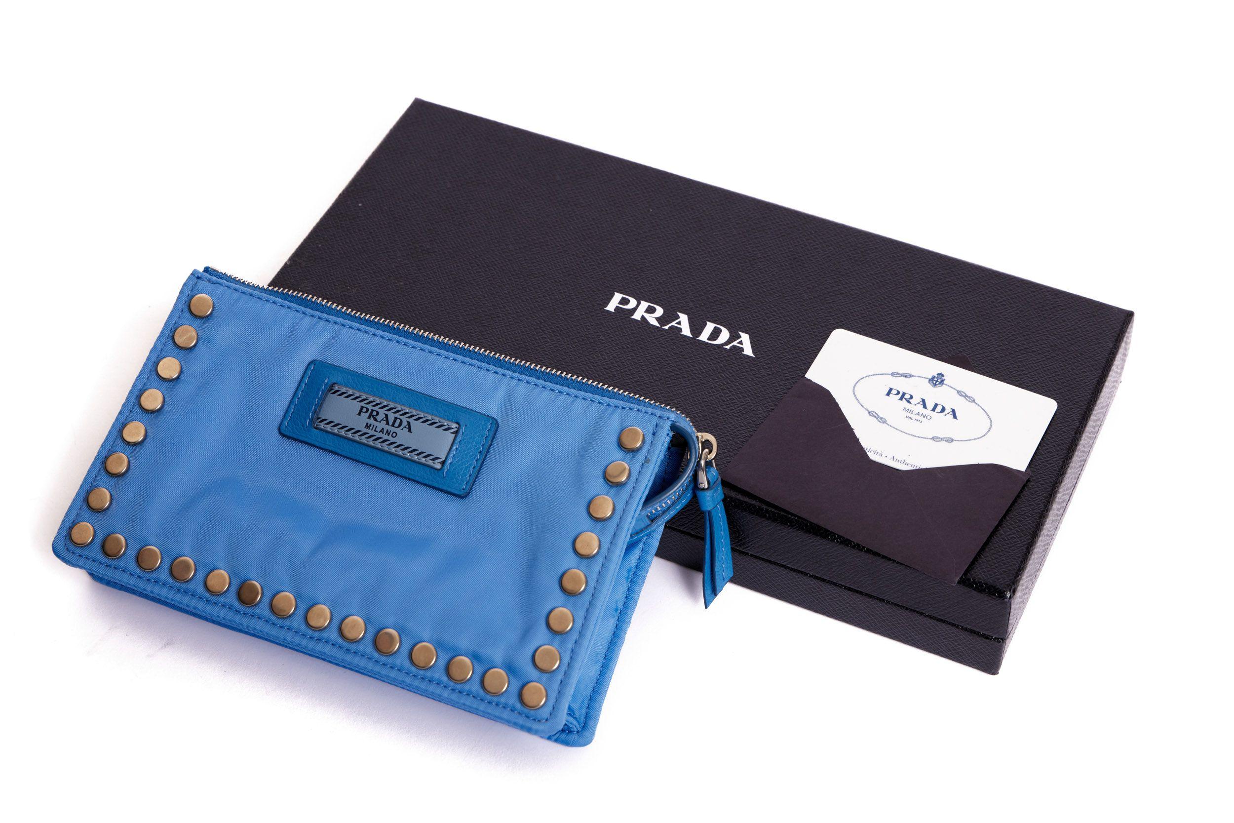 Prada Blue Fabric Metal Studded Pouch For Sale 1