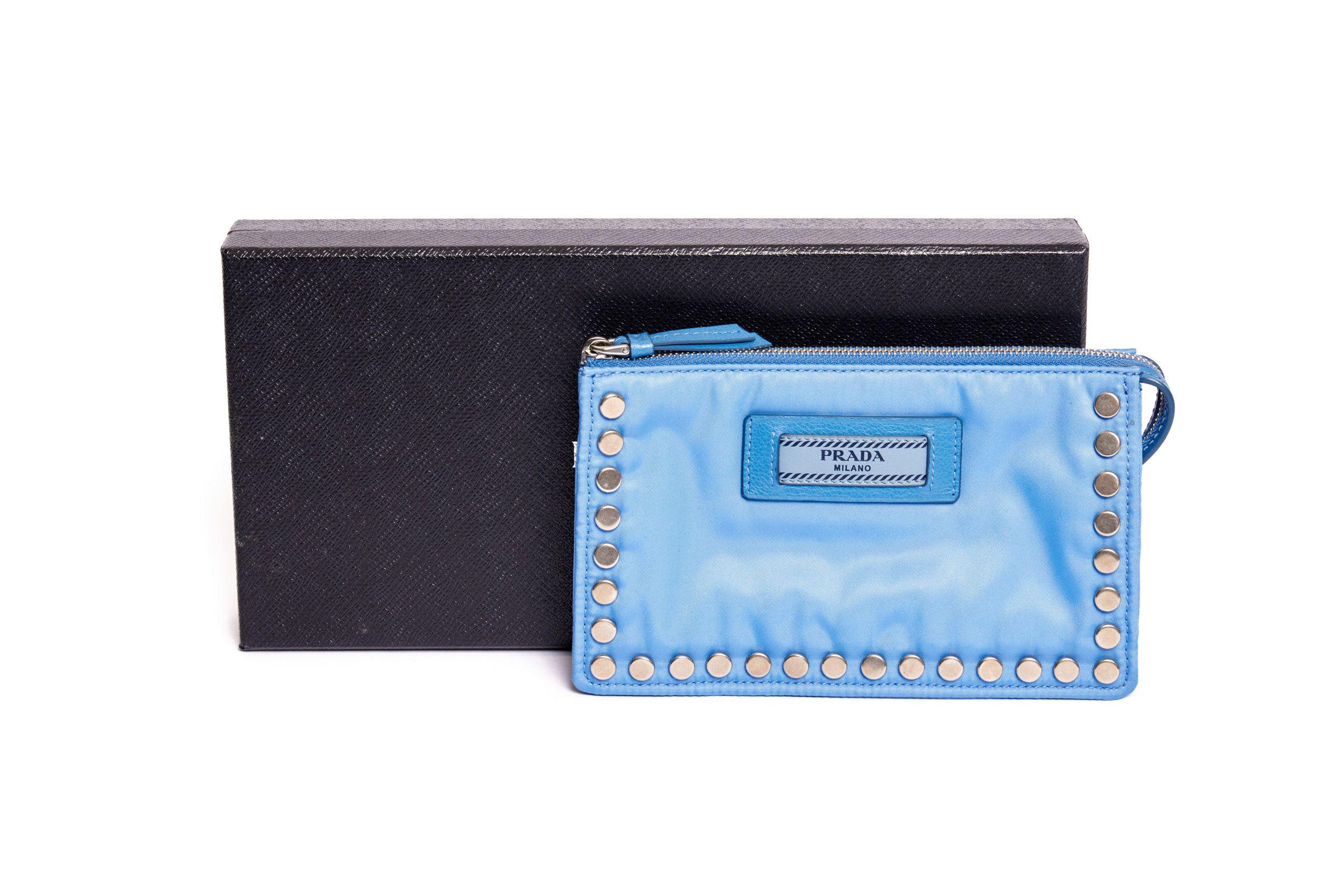 Prada Blue Fabric Metal Studded Pouch For Sale 2