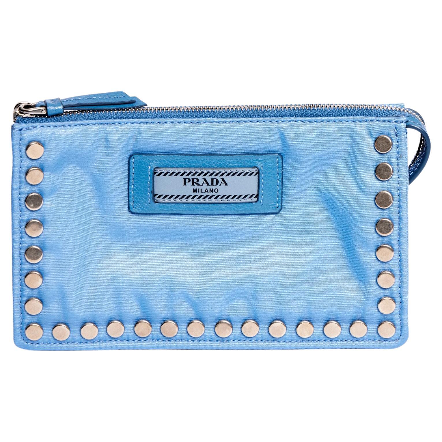 Prada Blue Fabric Metal Studded Pouch For Sale