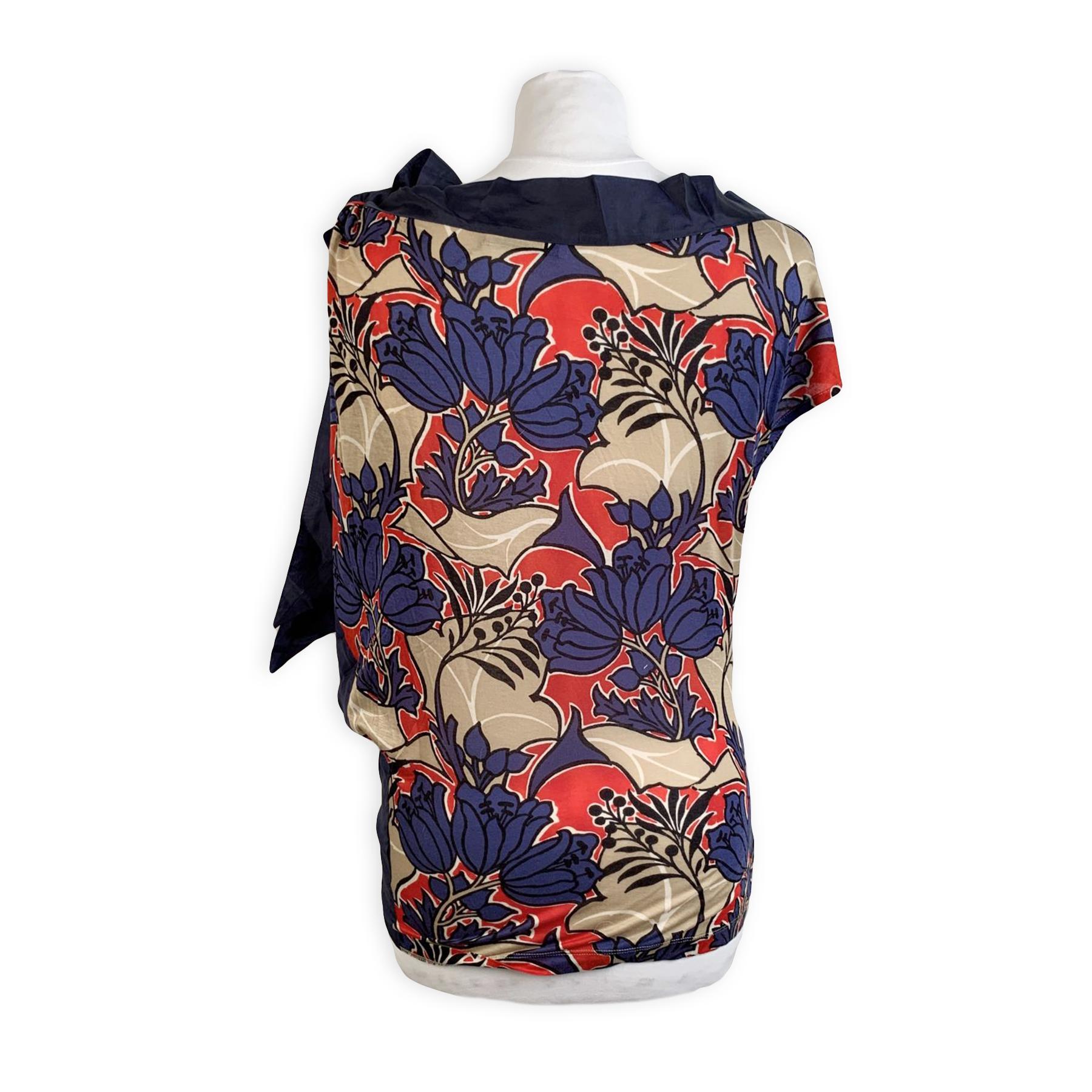 Women's Prada Blue Floral Jersey Asymmetric T Shirt Top with Bow Size S
