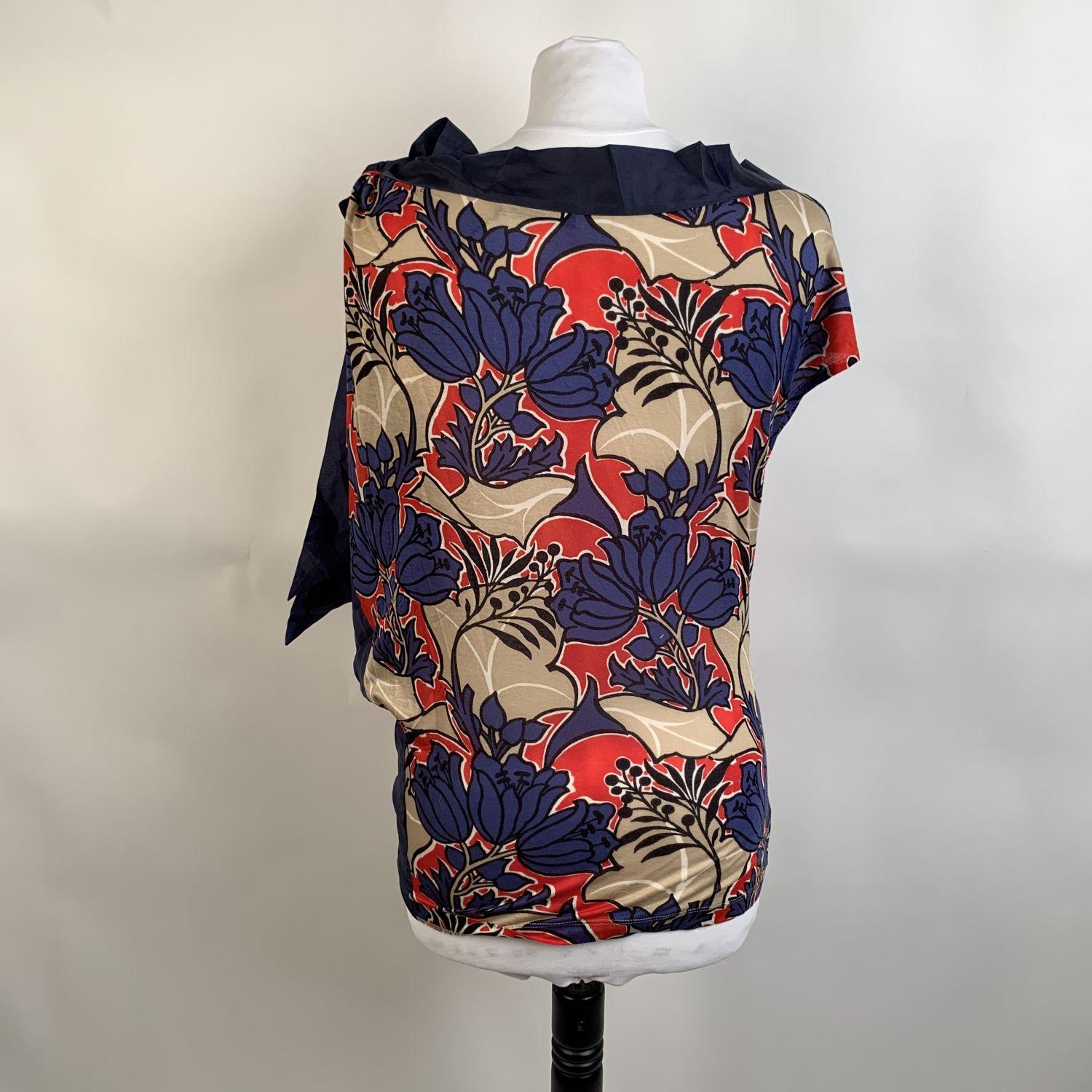 Prada Blue Floral Jersey Asymmetric T Shirt Top with Bow Size S 1