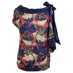 Prada Blue Floral Jersey Asymmetric T Shirt Top with Bow Size S
