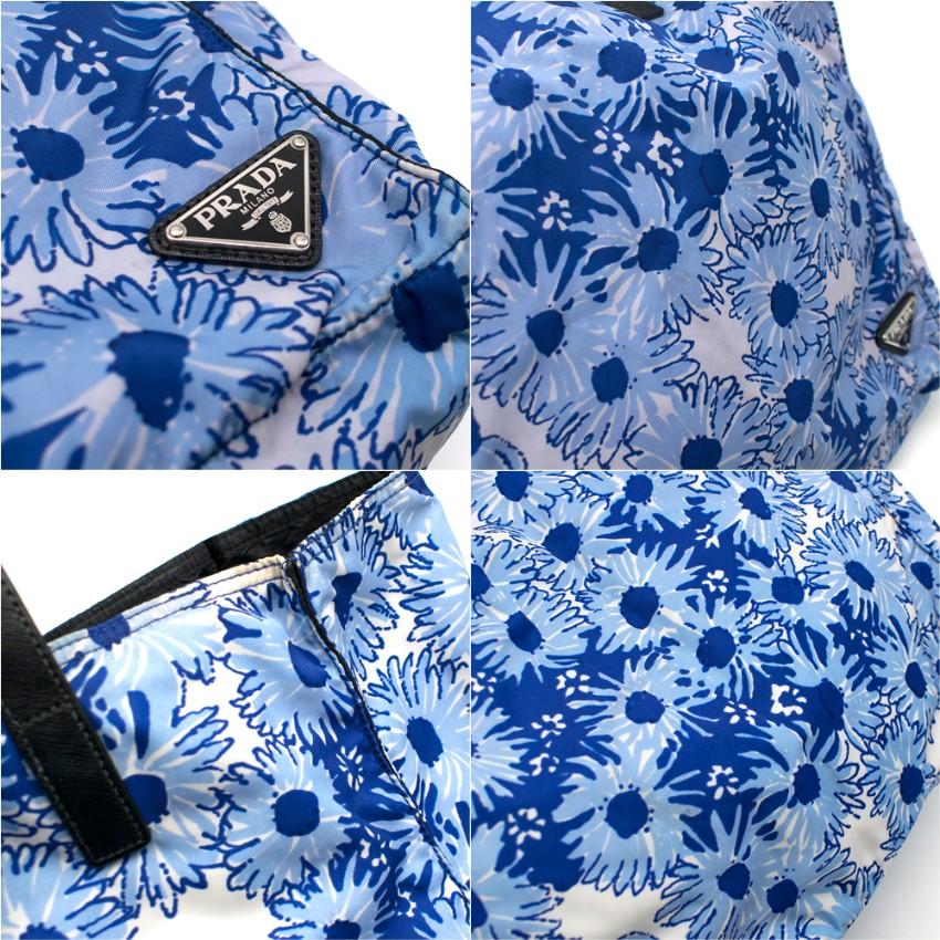 Prada Blue Floral Nylon Tote In Excellent Condition For Sale In London, GB