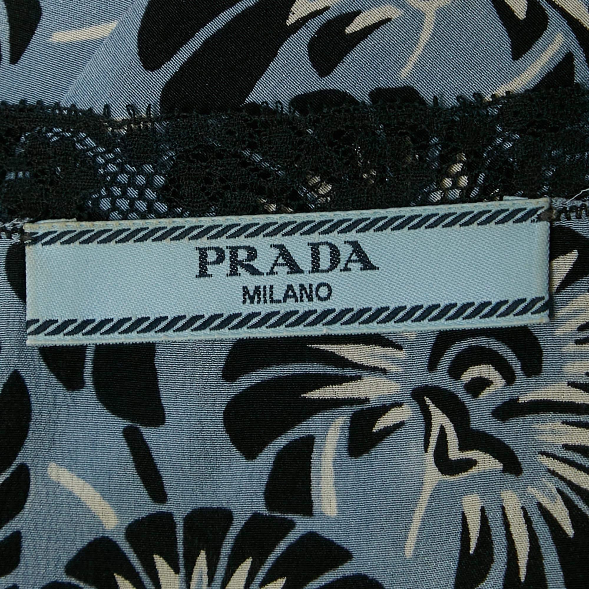 Prada Blue Floral Print Silk Ruffled Sleeveless Short Dress S In Good Condition For Sale In Dubai, Al Qouz 2