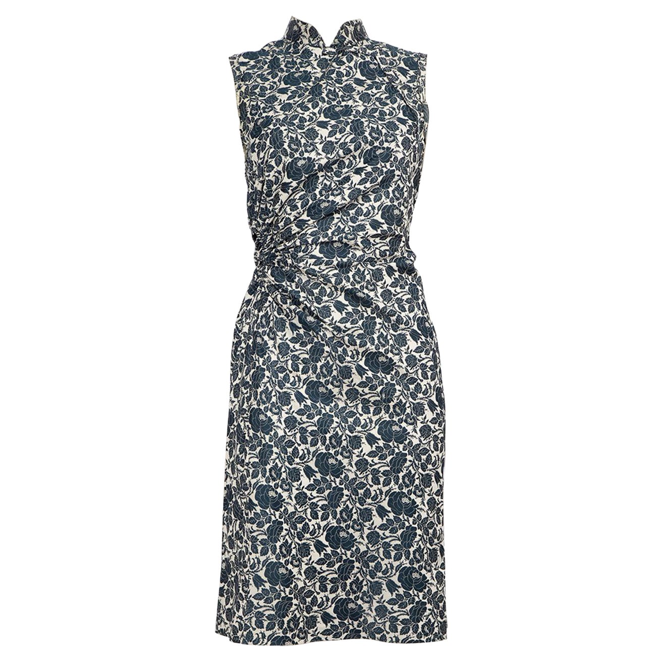 Prada Blue Floral Ruched Knee-Length Dress Size S