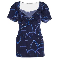 Prada Camicetta in crepe de chine di seta con stampa geometrica blu L.A.