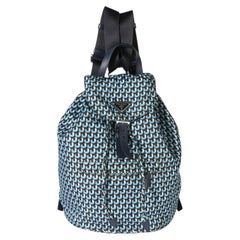 Prada Blue Geometric Print Nylon Tessuto Drawstring Logo Backpack