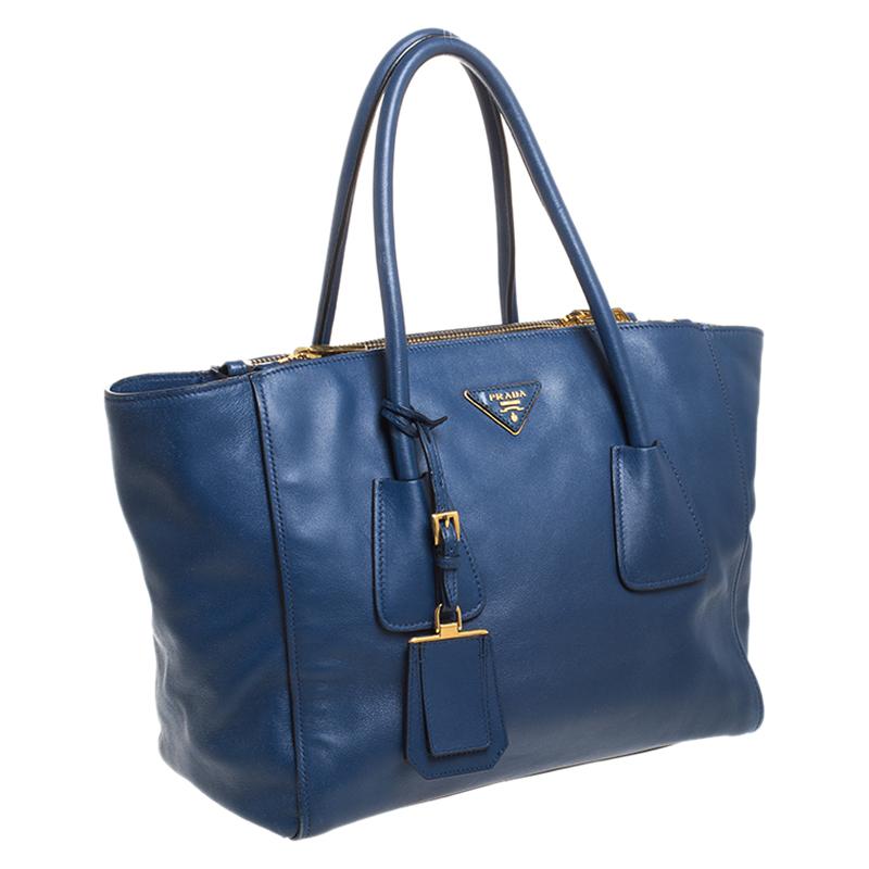 Women's Prada Blue Glace Leather Twin Pocket Double Handle Tote