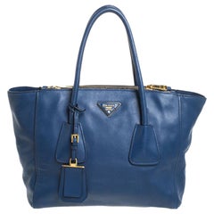 Prada Blue Glace Leather Twin Pocket Double Handle Tote