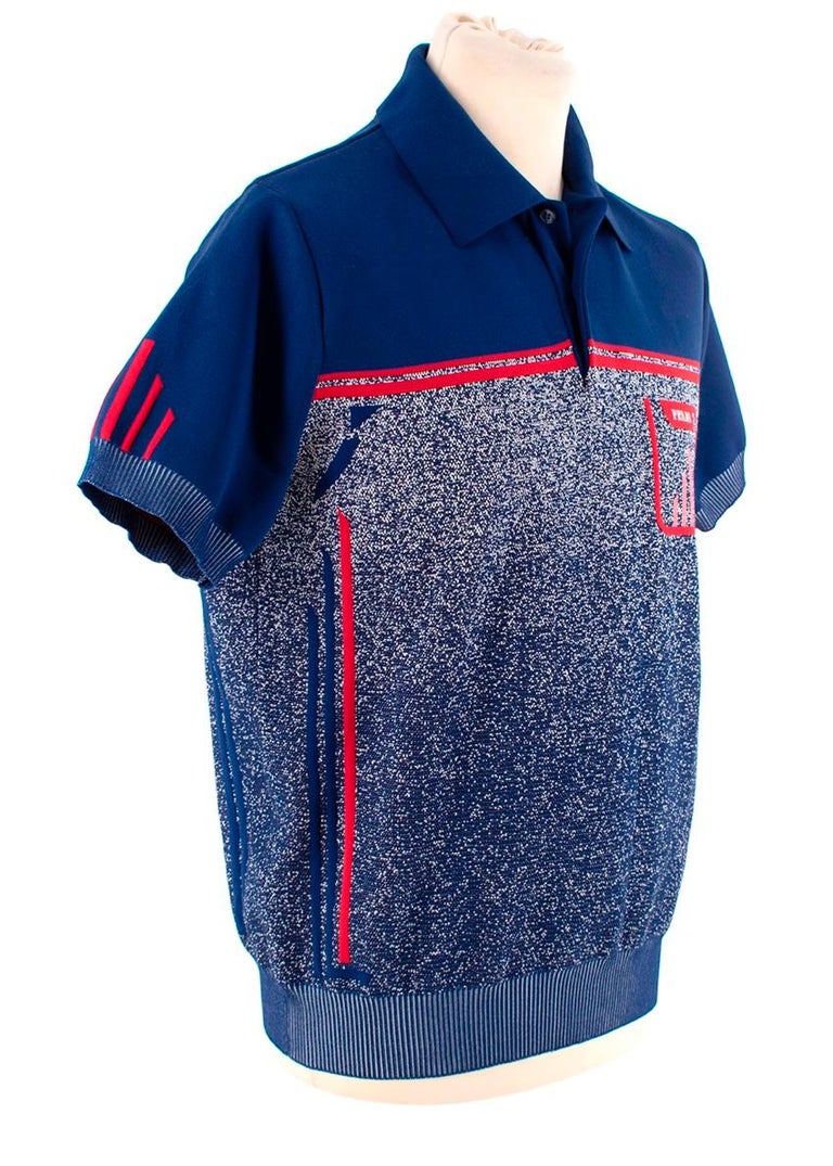 Prada Blue Gradient Intarsia Stretch-knit Polo Shirt
 

 - Crafted from stretchy technical knit, with a gradient intarsia pattern fading from royal blue to white, with red accents including signature logo and faux-pocket
 - Classic ribbed collar,